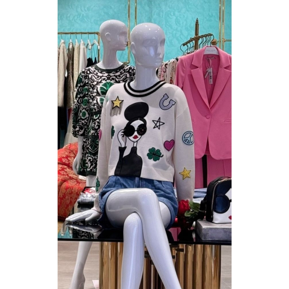 Alice + Olivia Gleeson Stace Face Boxy Sweater with Crystal Embellishments L - Picture 3 of 6
